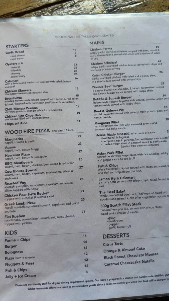 Menu, Courthouse Hotel