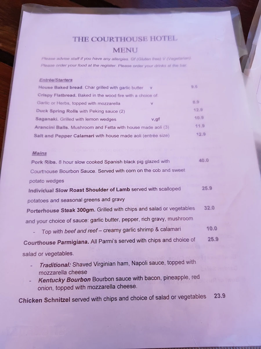 Menu, Courthouse Hotel