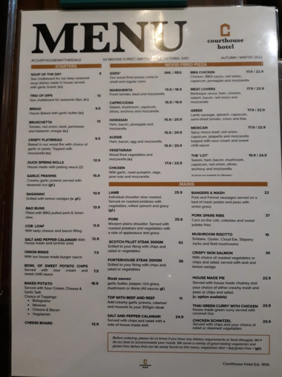 Menu, Courthouse Hotel