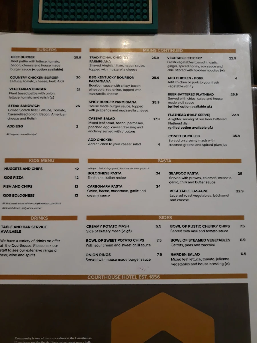 Menu, Courthouse Hotel