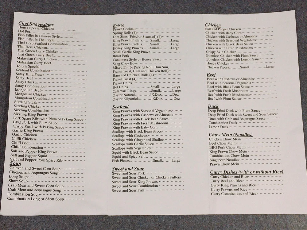 Menu, Tony's Restaurant