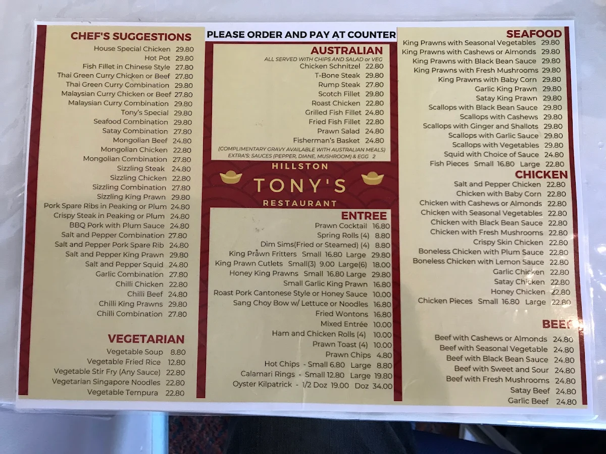 Menu, Tony's Restaurant