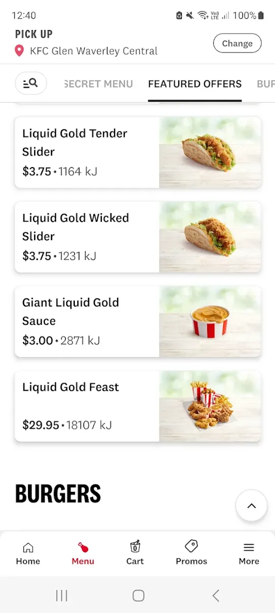 Menu, KFC Glen Waverley Central