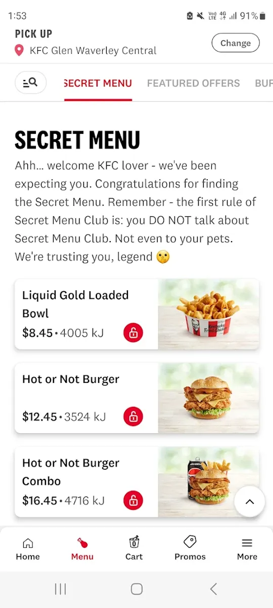 Menu, KFC Glen Waverley Central