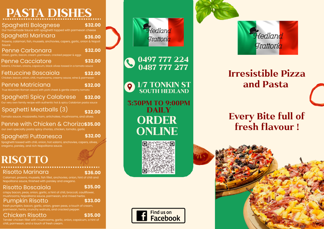 Menu, Hedland Trattoria
