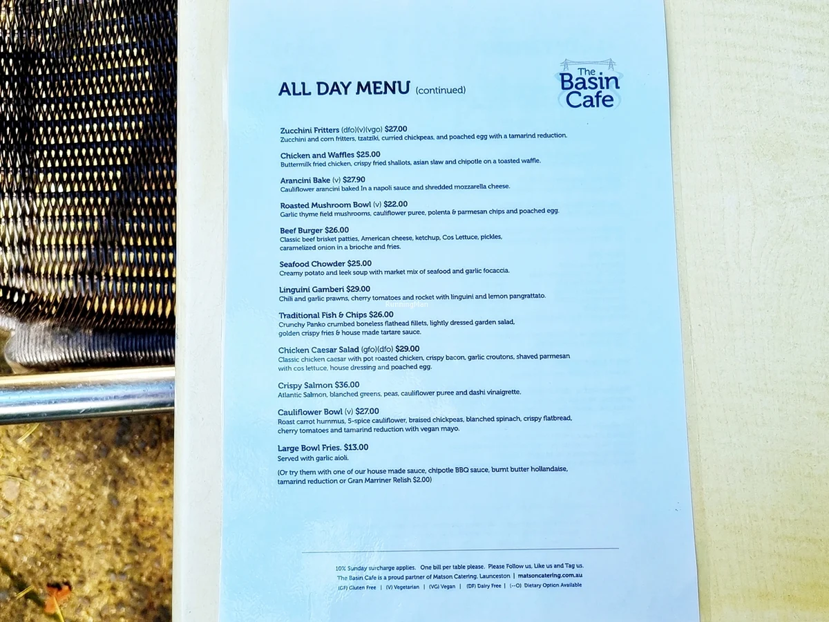 Menu, Basin Cafe