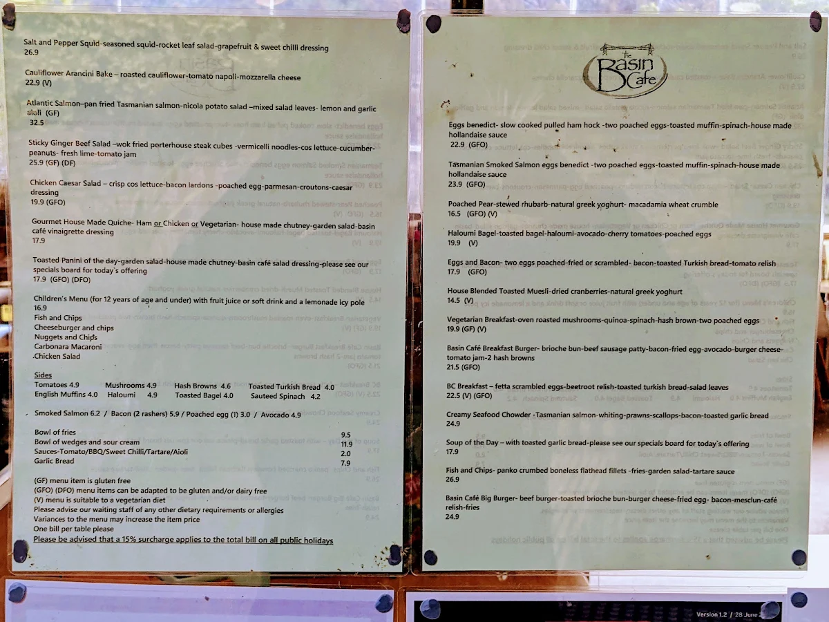 Menu, Basin Cafe