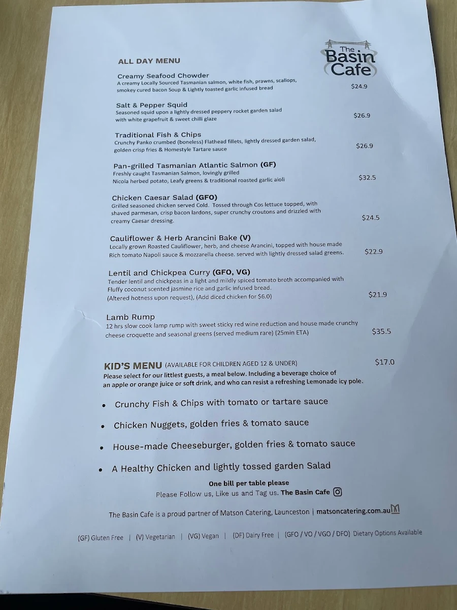 Menu, Basin Cafe