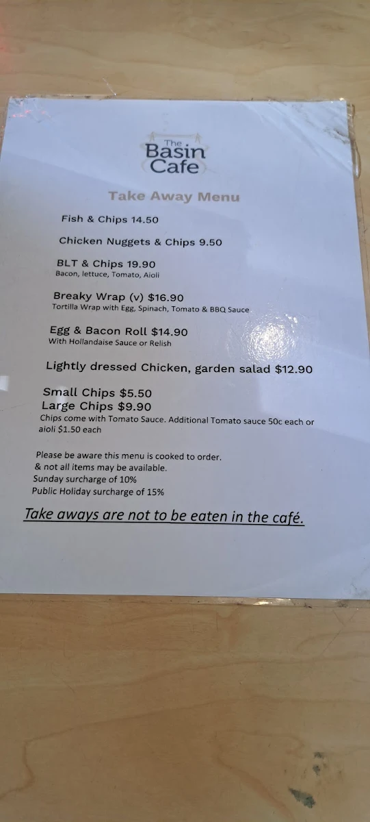 Menu, Basin Cafe