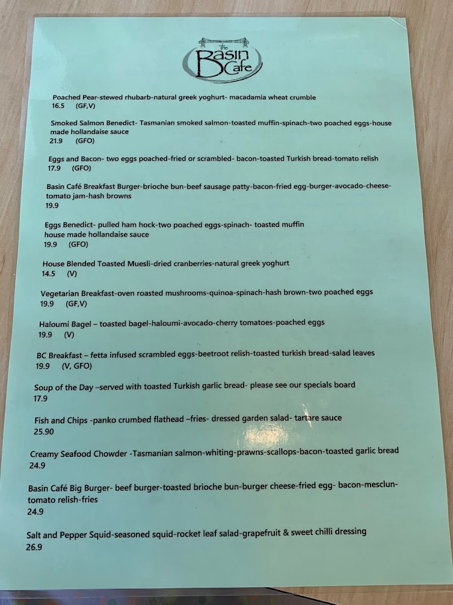 Menu, Basin Cafe