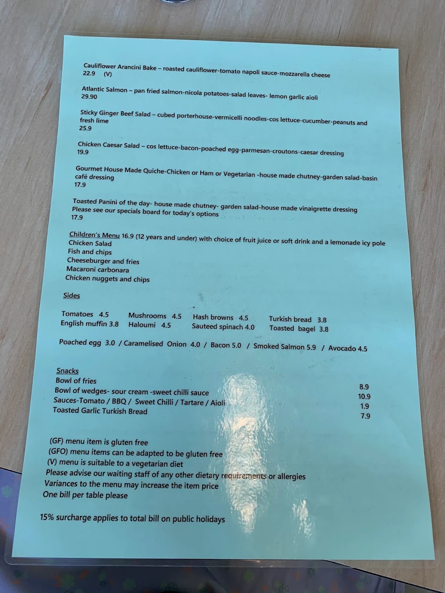 Menu, Basin Cafe