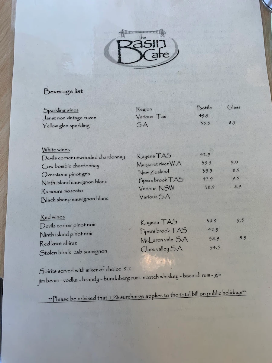 Menu, Basin Cafe