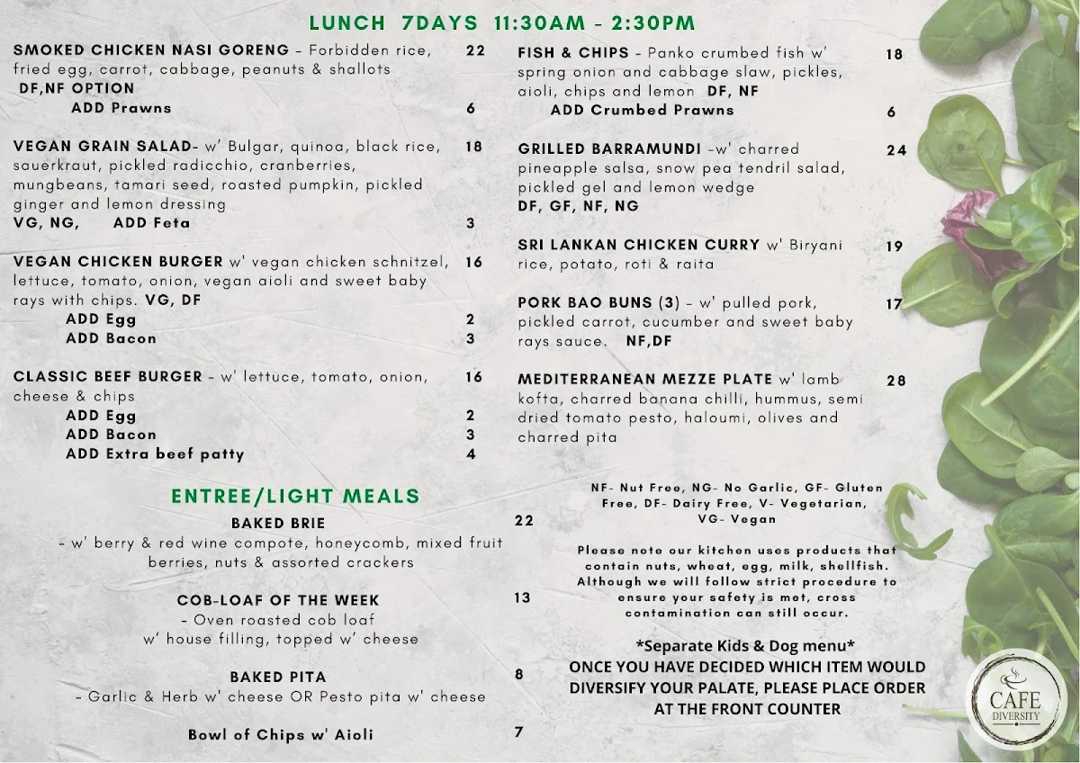 Menu, Cafe Diversity
