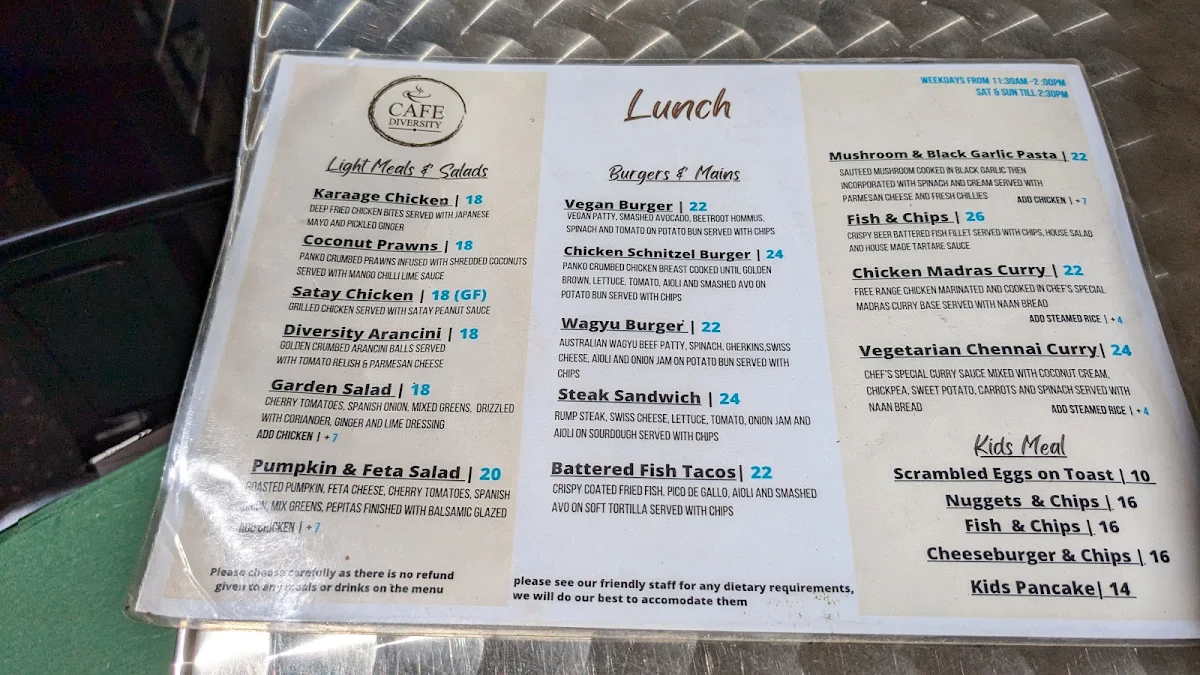 Menu, Cafe Diversity