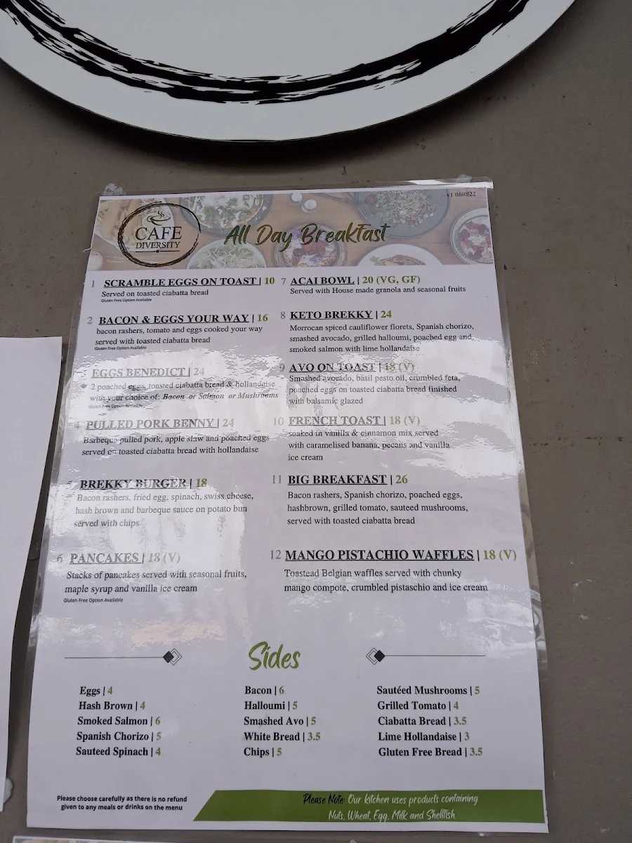 Menu, Cafe Diversity