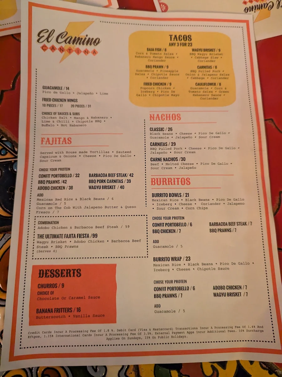Menu, El Camino Cantina The Rocks, Sydney
