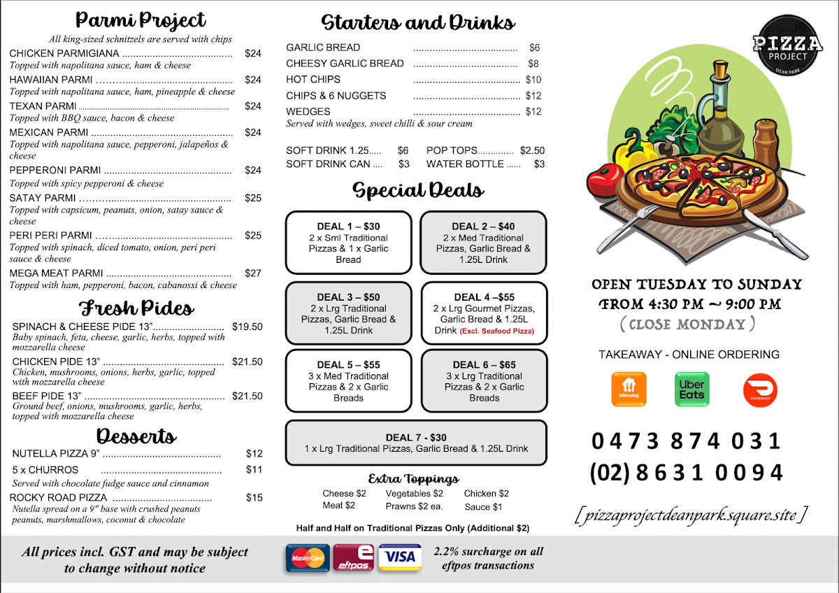 Menu, Pizza Project Dean Park