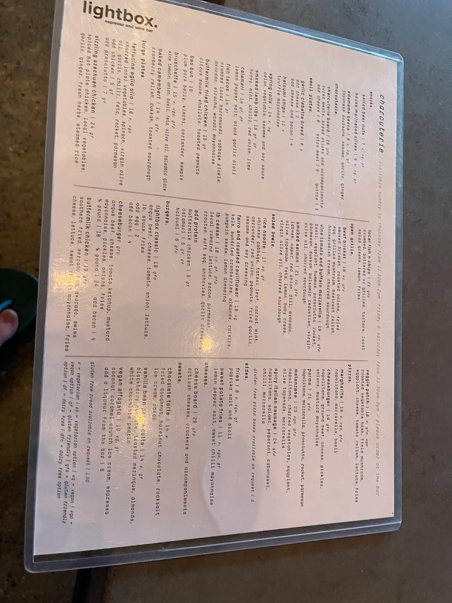 Menu, Lightbox Espresso & Wine Bar