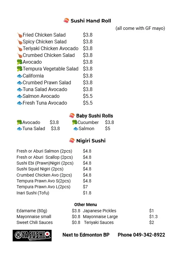 Menu, Ya Sushi