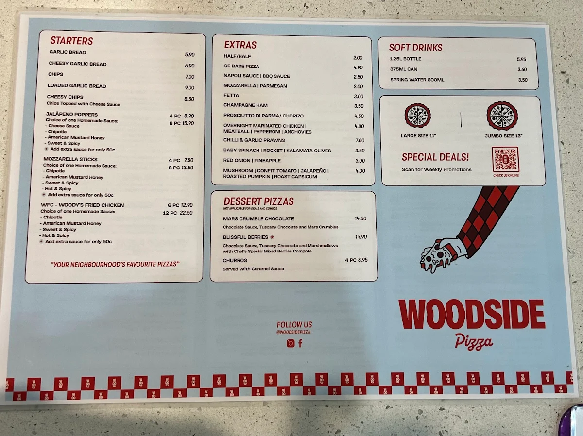 Menu, Woodside Pizza