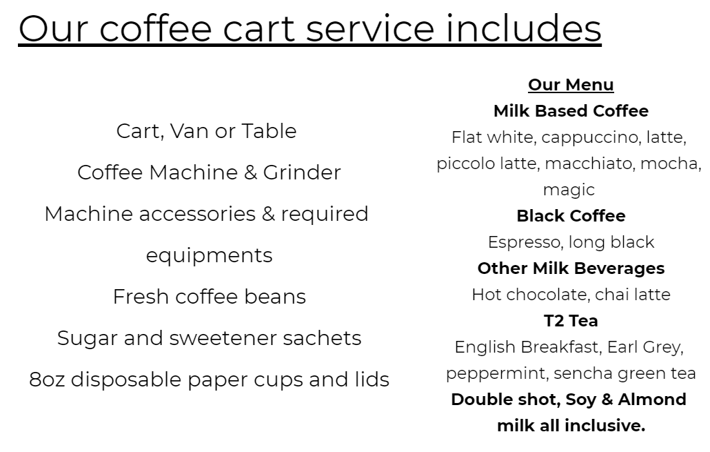 Menu, Coffees Are Us | Mobile Coffee carts Melbourne