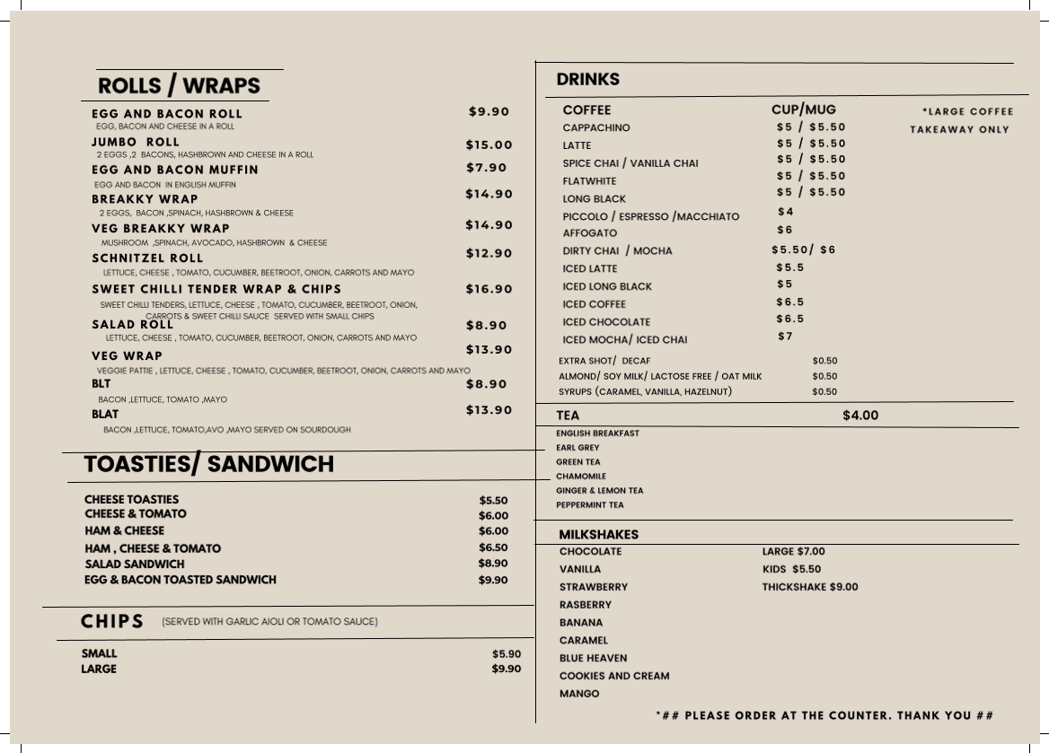 Menu, Old Mates Cafe Romsey