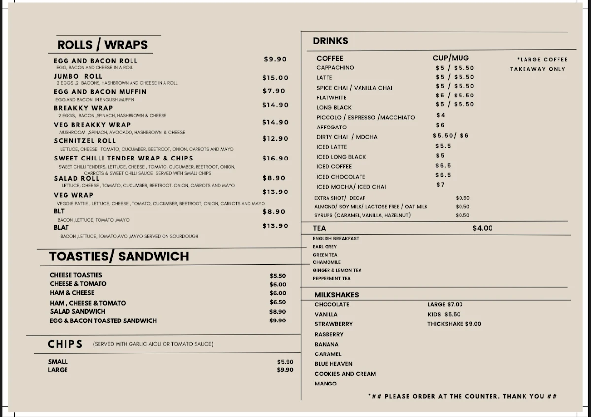 Menu, Old Mates Cafe Romsey