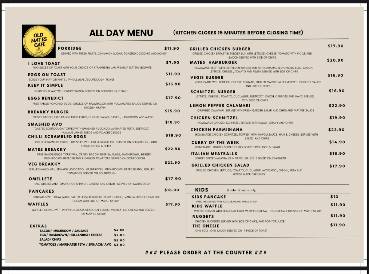 Menu, Old Mates Cafe Romsey