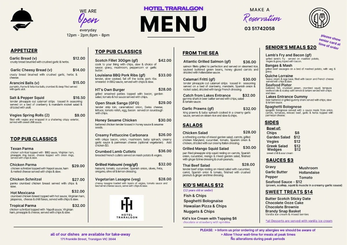 Menu, Hotel Traralgon