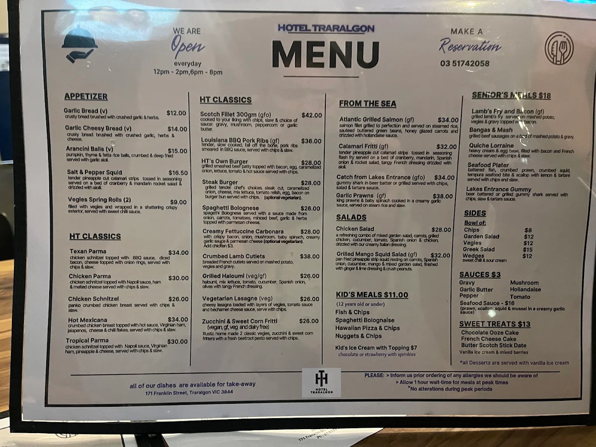 Menu, Hotel Traralgon