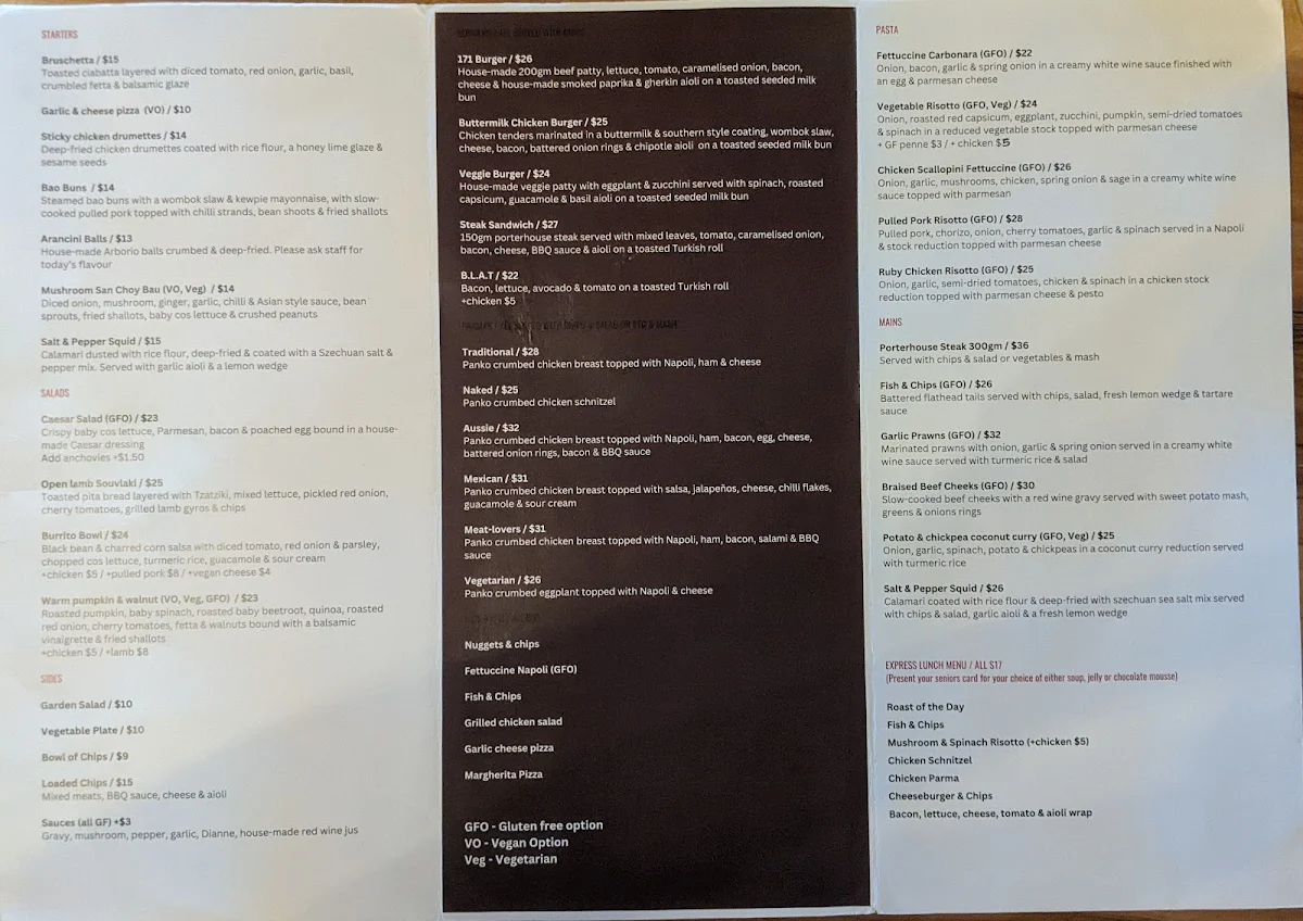 Menu, Hotel Traralgon