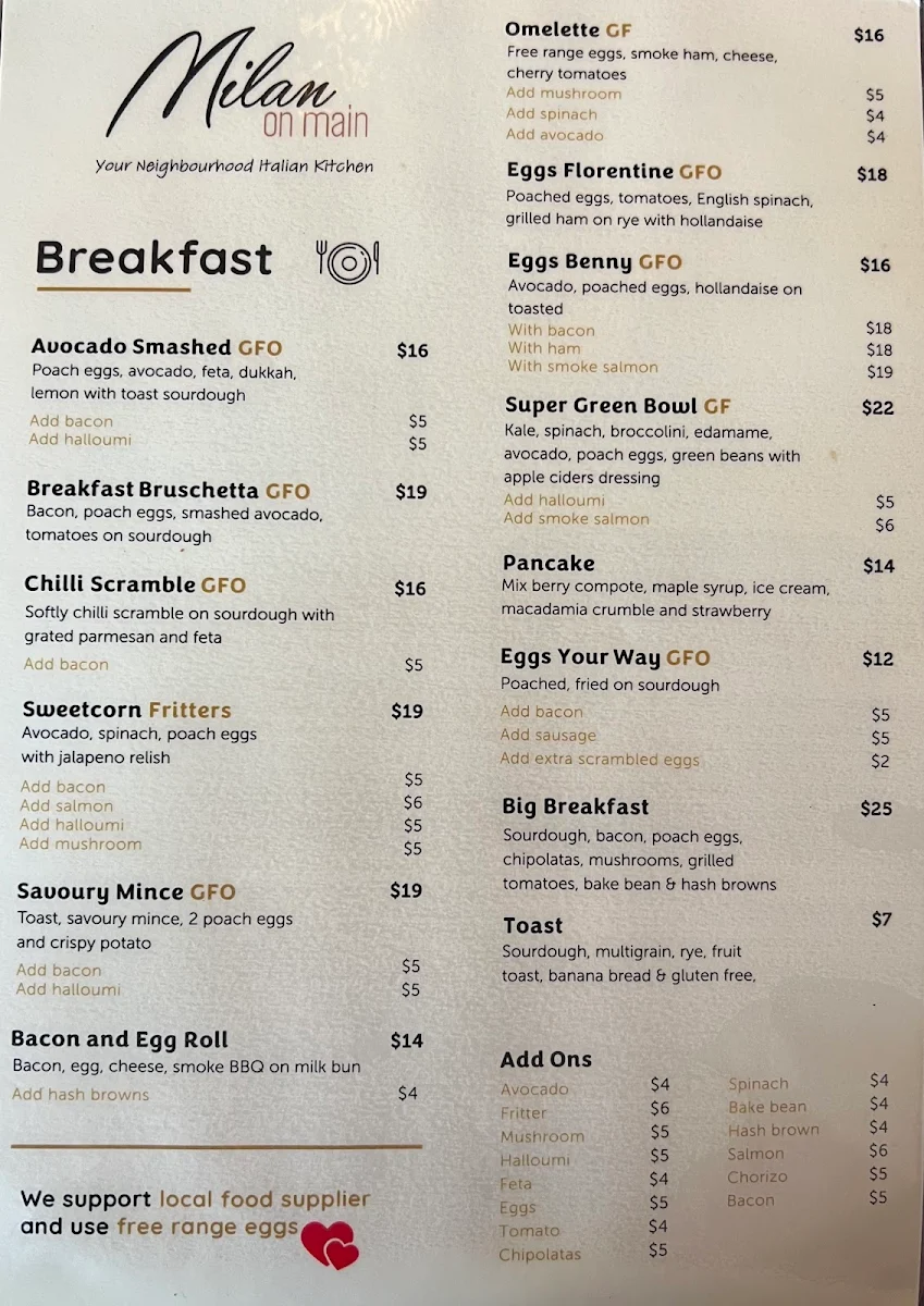Menu, Milan On Main