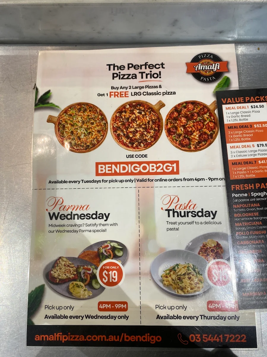 Menu, Amalfi Pizza & Pasta Bendigo