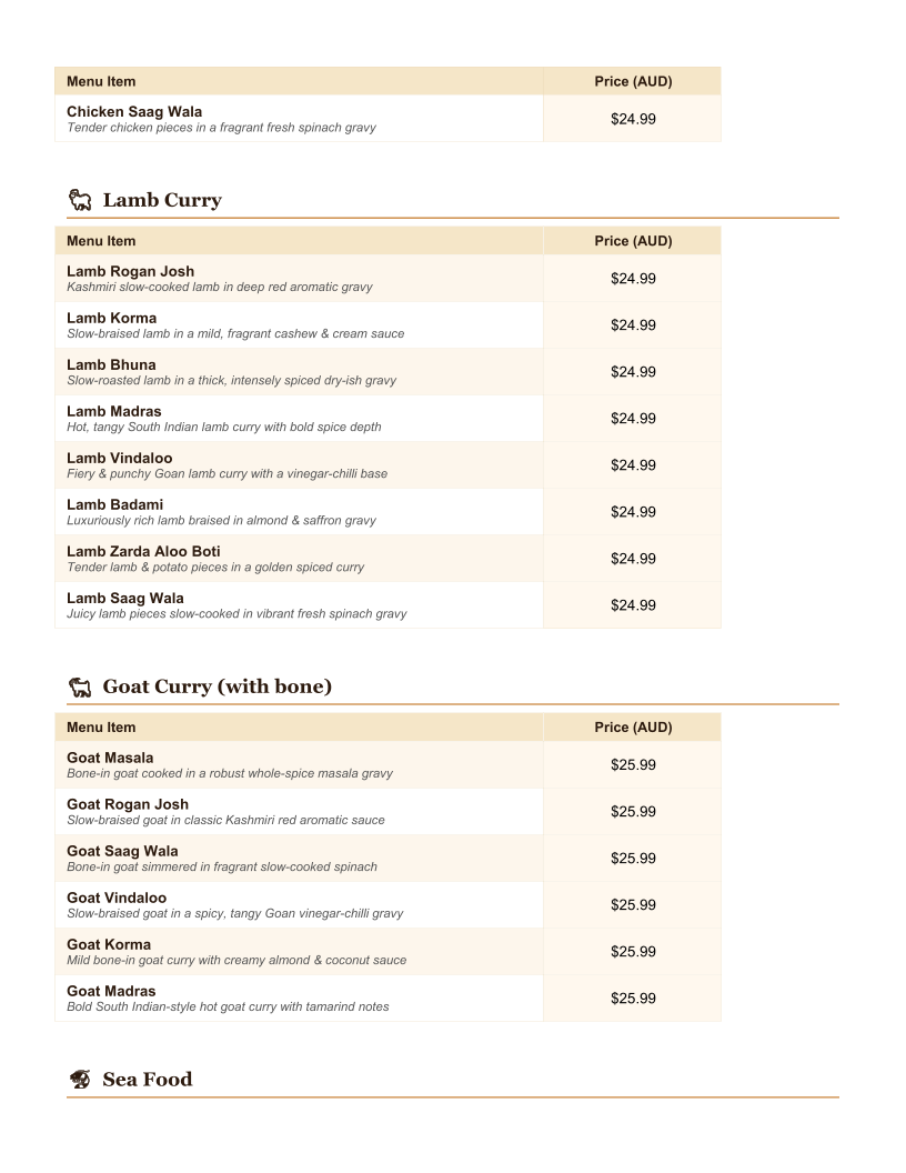 Menu, Tikka Talks Indian Restaurant