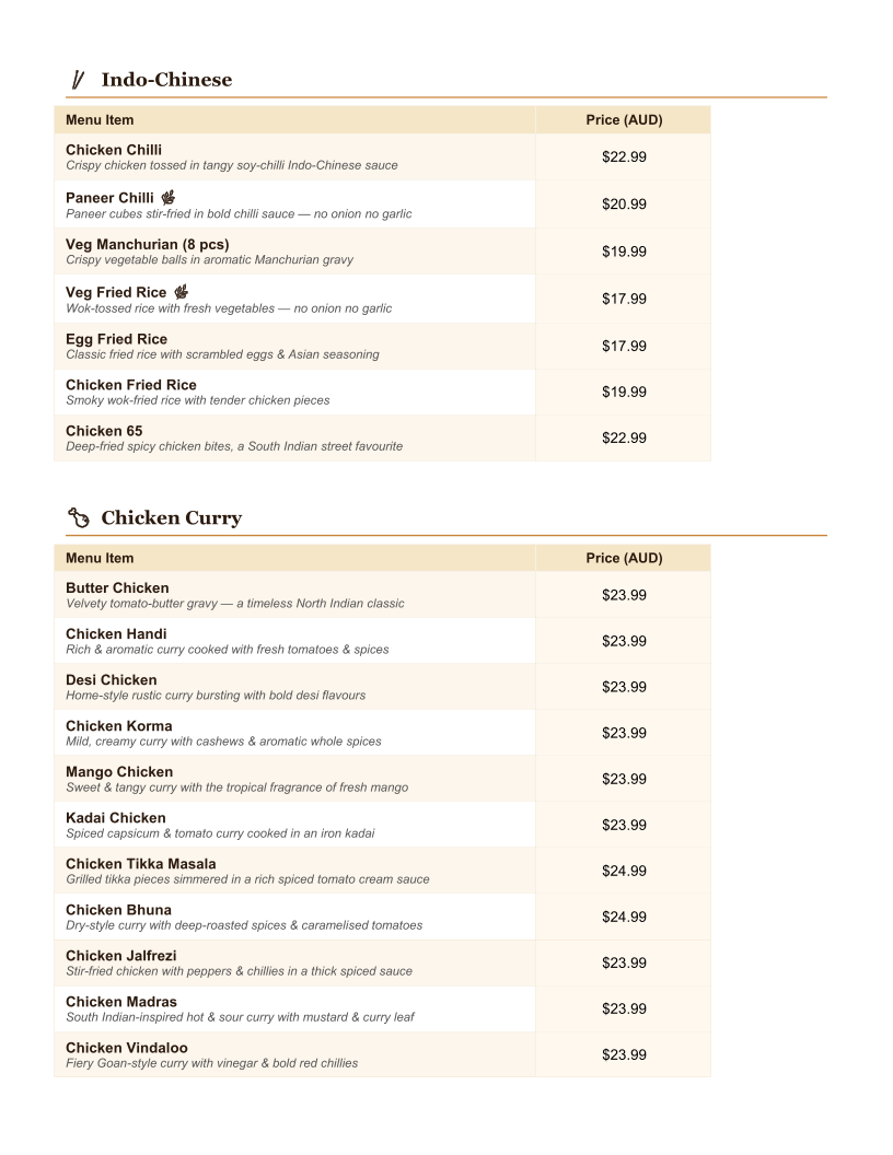 Menu, Tikka Talks Indian Restaurant