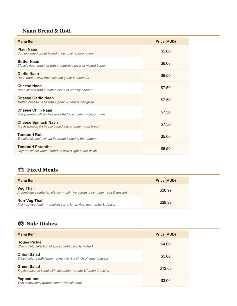Menu, Tikka Talks Indian Restaurant