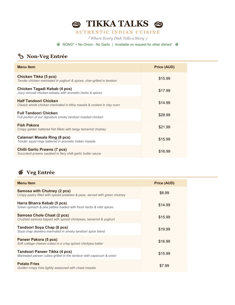 Menu, Tikka Talks Indian Restaurant