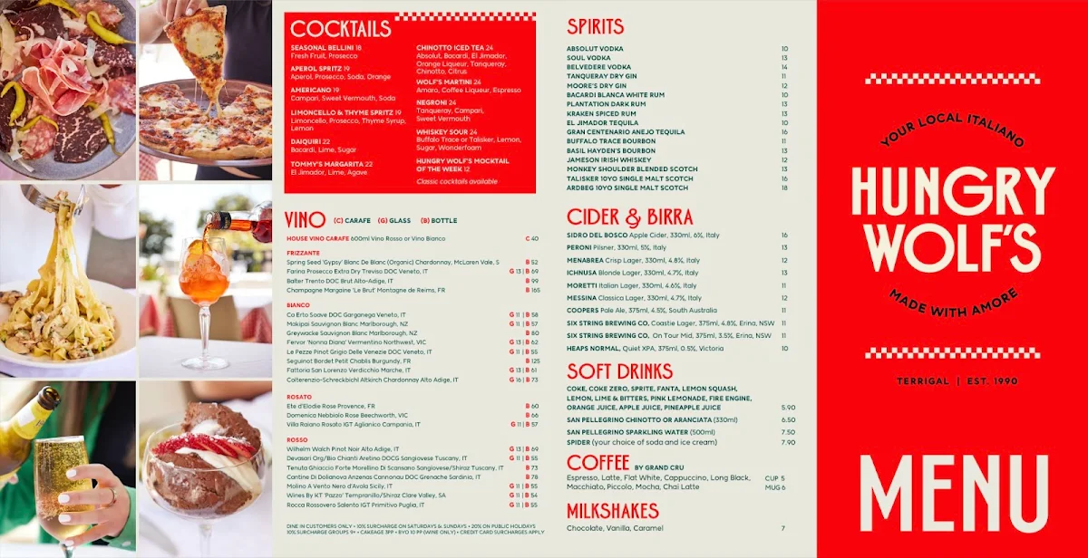 Menu, Hungry Wolf's Terrigal