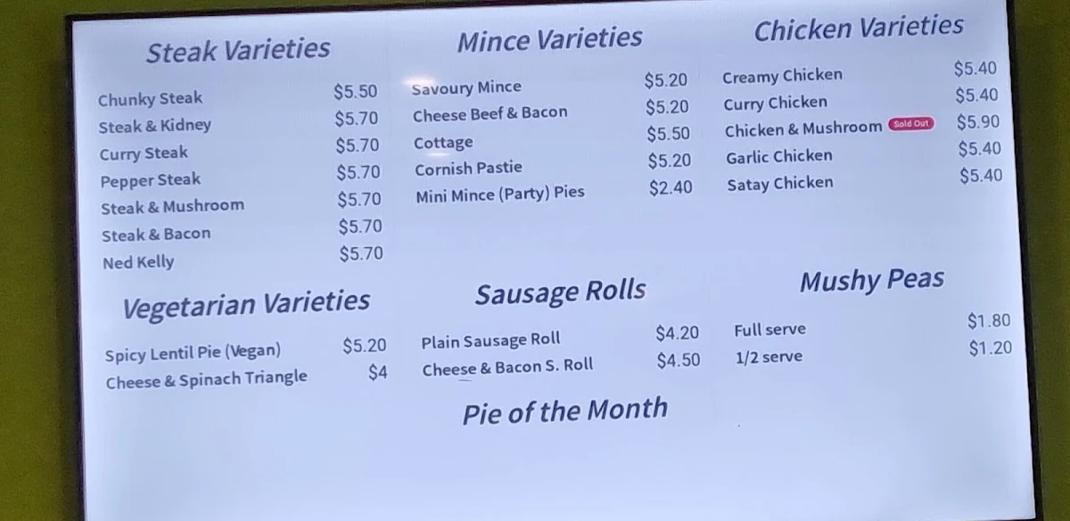 Menu, Pie & Pastry Paradise - Main Street