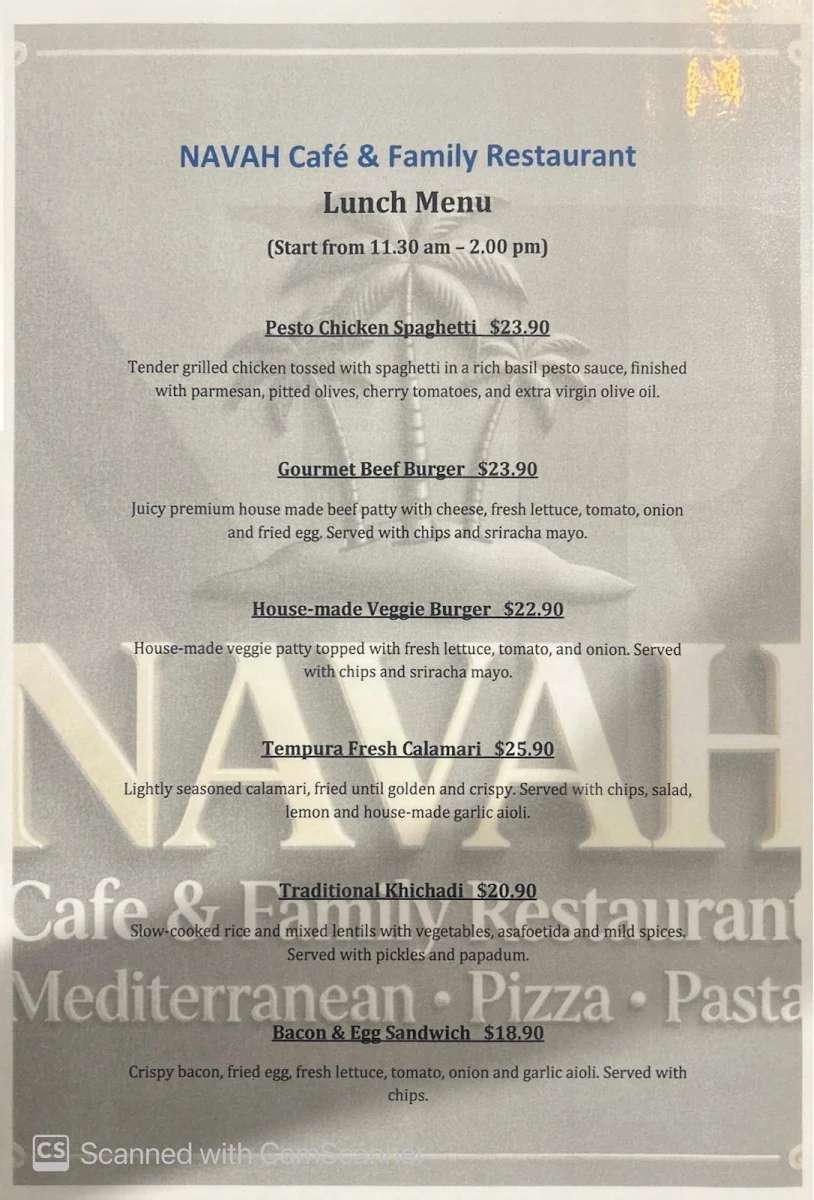 Menu, NAVAH (Cafe & Family Restaurant)