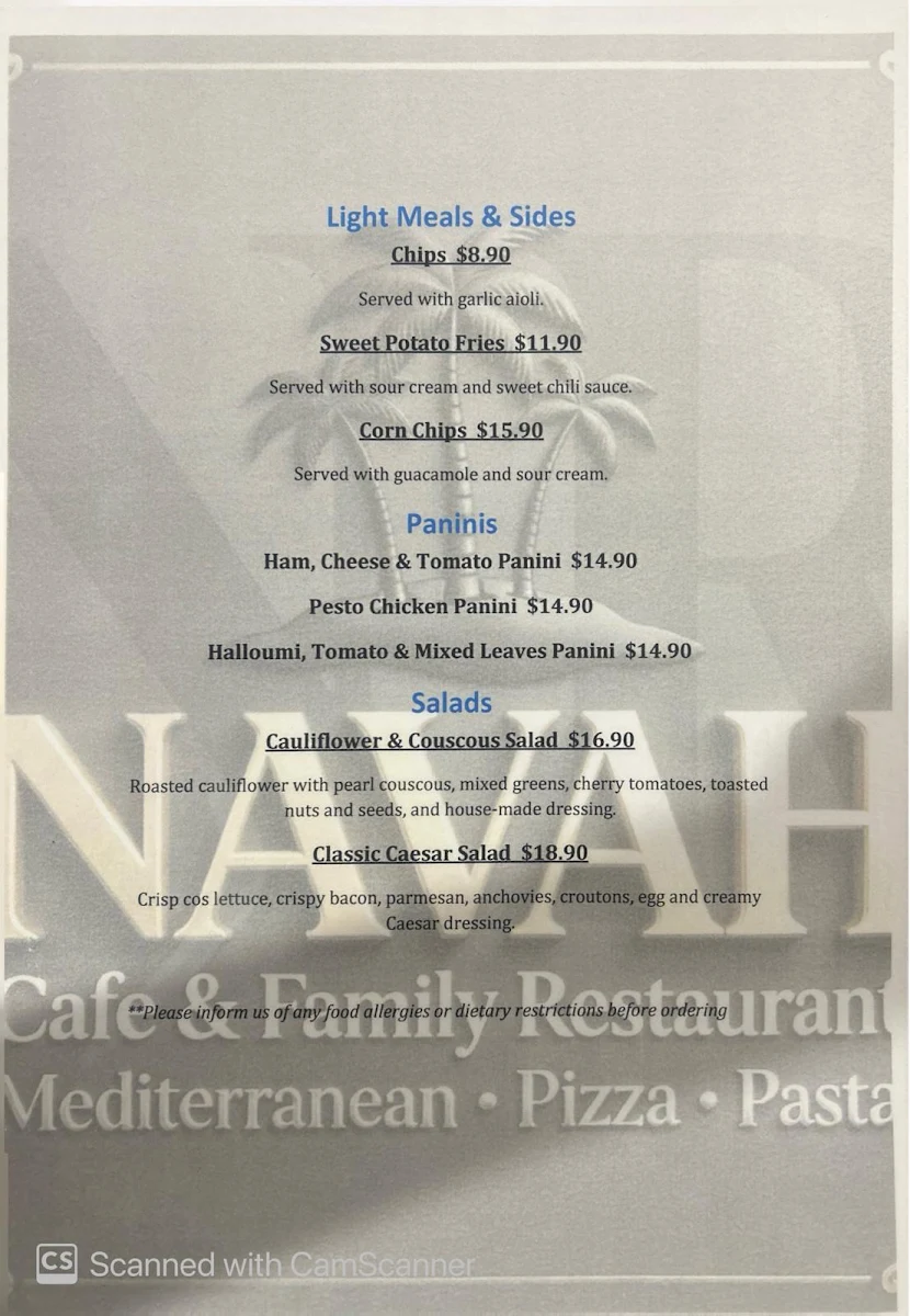 Menu, NAVAH (Cafe & Family Restaurant)
