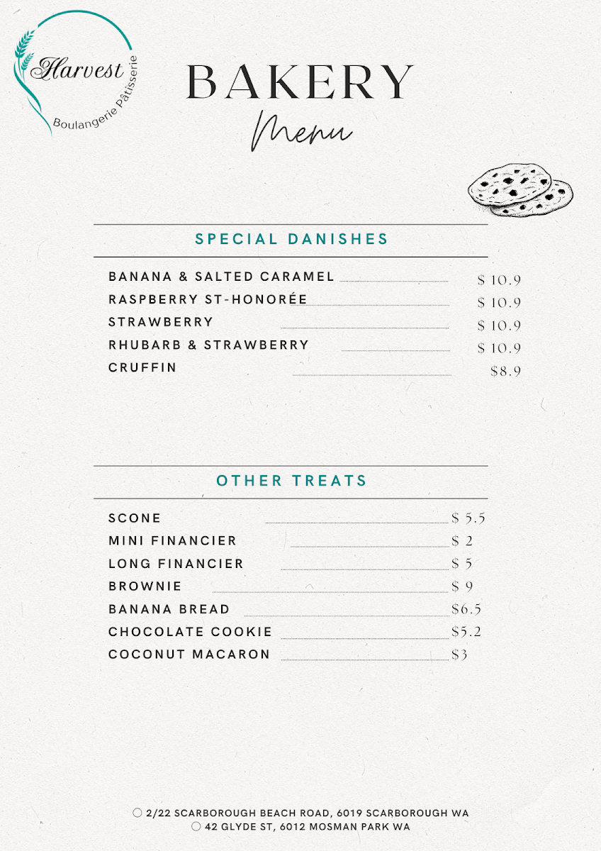 Menu, Harvest Boulangerie Patisserie