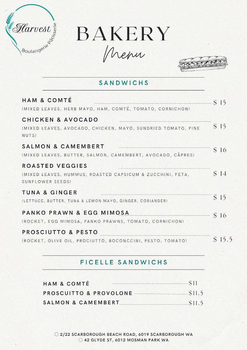 Menu, Harvest Boulangerie Patisserie