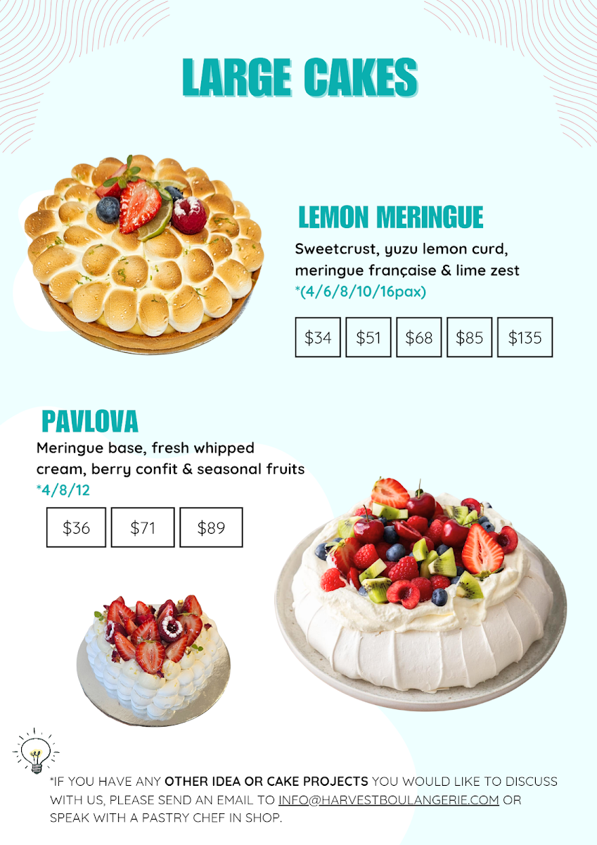 Menu, Harvest Boulangerie Patisserie