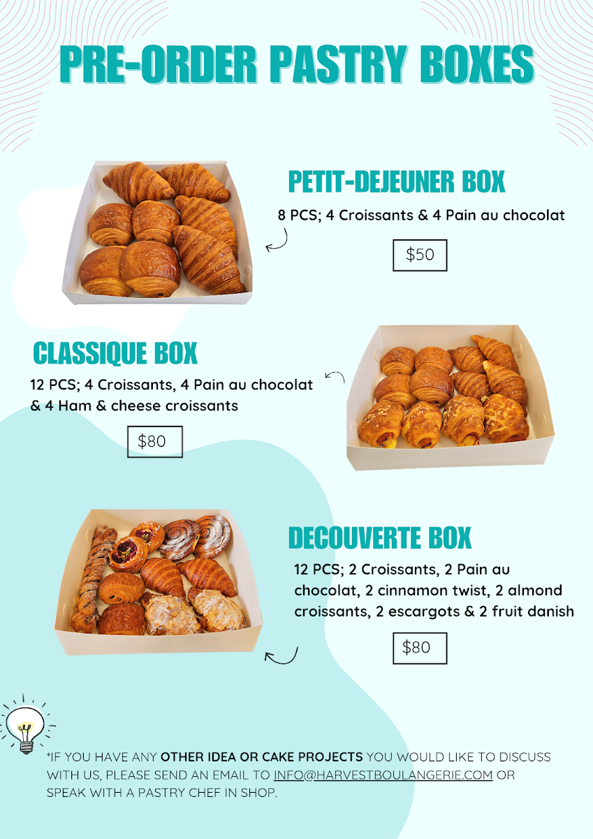 Menu, Harvest Boulangerie Patisserie