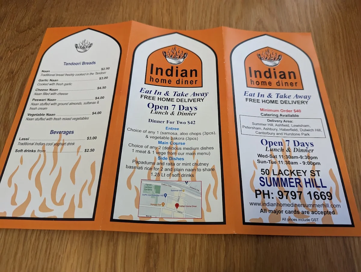 Menu, Indian home diner summer hill