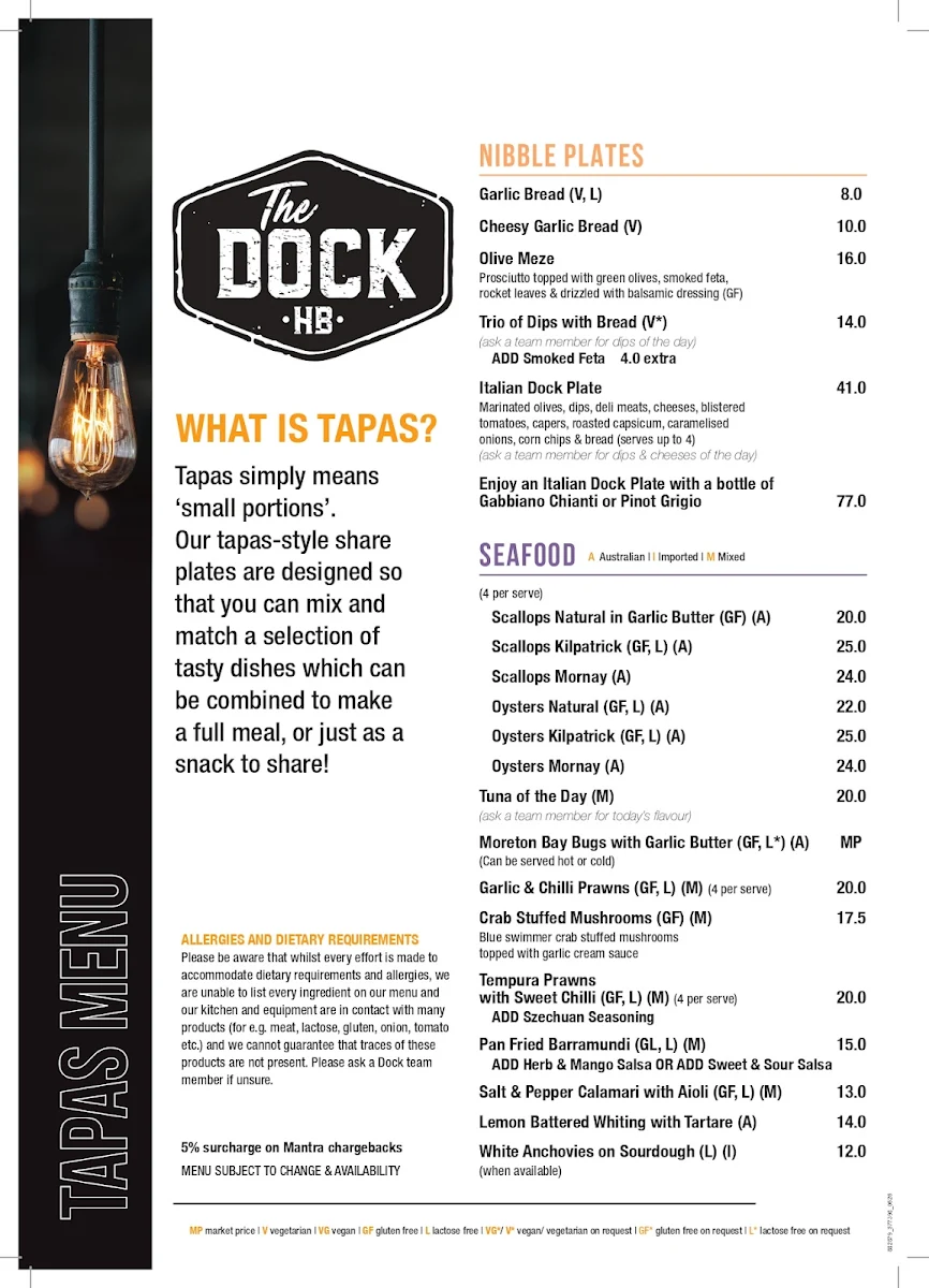 Menu, The Dock Hervey Bay - Tapas Bar & Restaurant