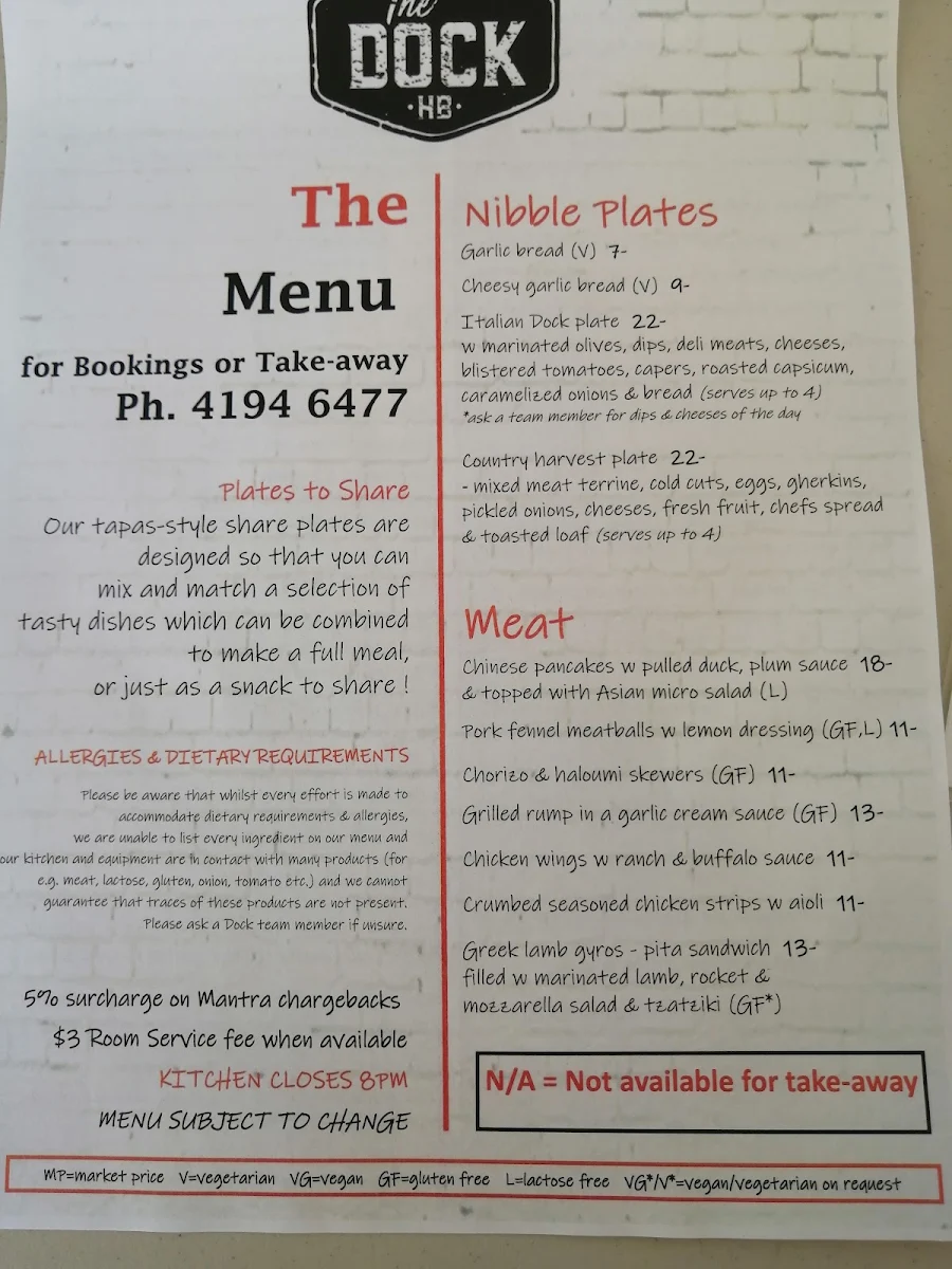 Menu, The Dock Hervey Bay - Tapas Bar & Restaurant