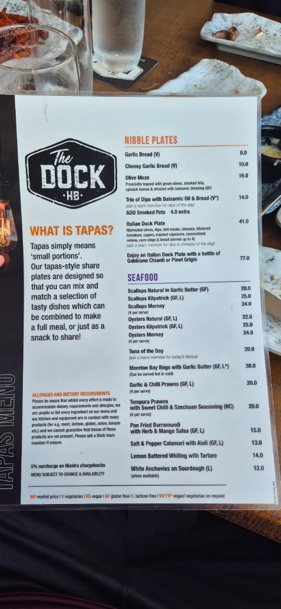 Menu, The Dock Hervey Bay - Tapas Bar & Restaurant