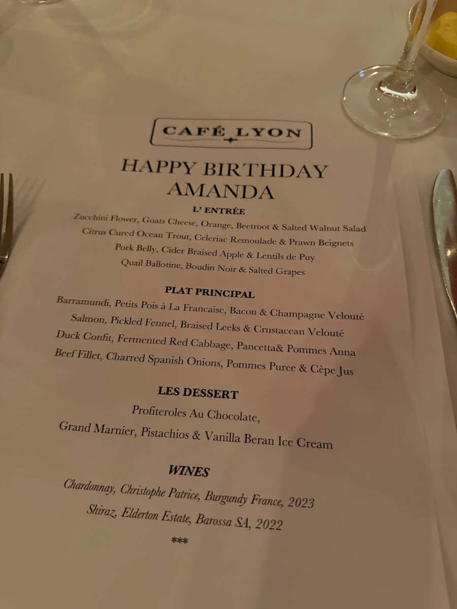 Menu, Café Lyon